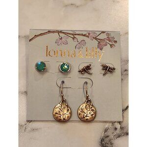 Lonna & Lilly 3-Pair Earrings Set - Green Studs Dragonfly & Gold Drop Earrings